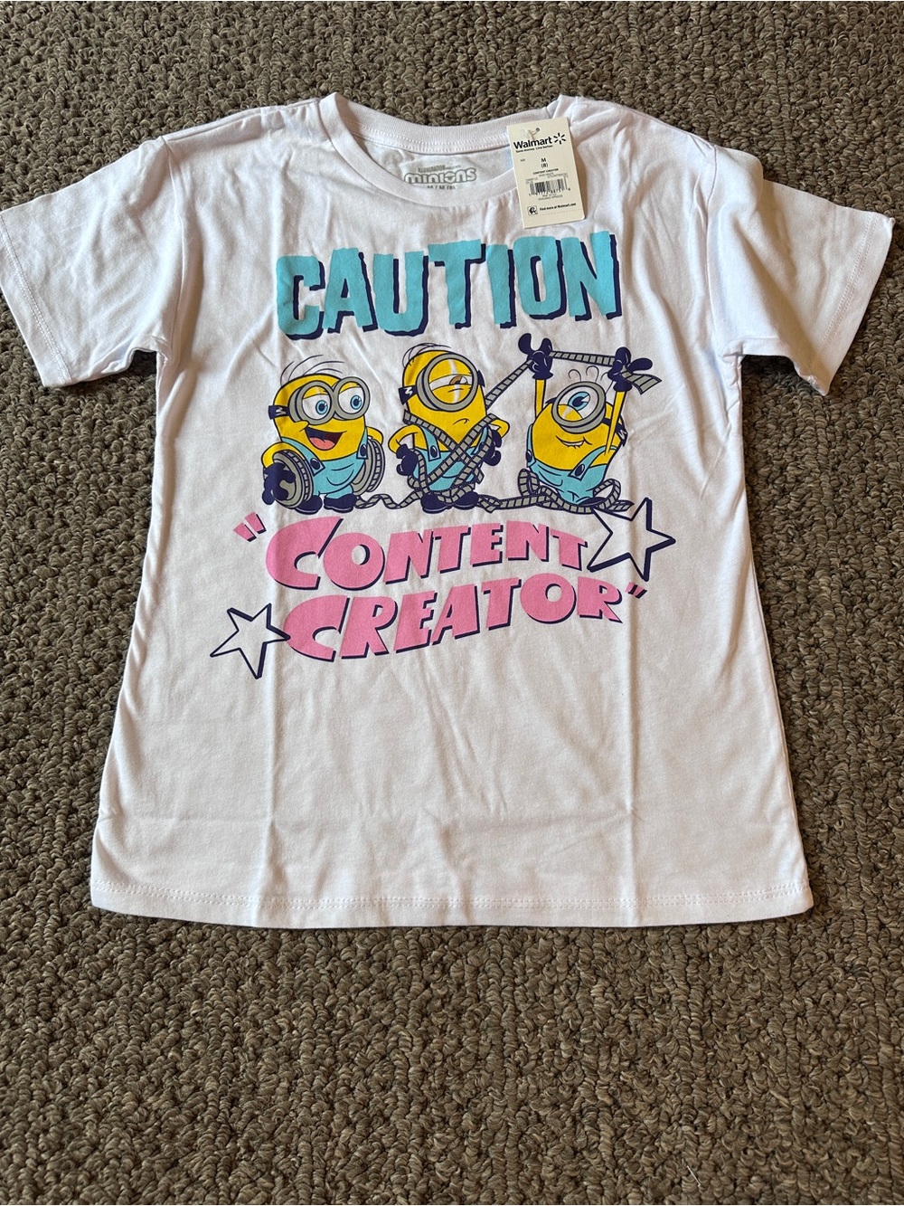 Minions White "Caution Content Creator" Kids Short Sleeve Graphic Tee